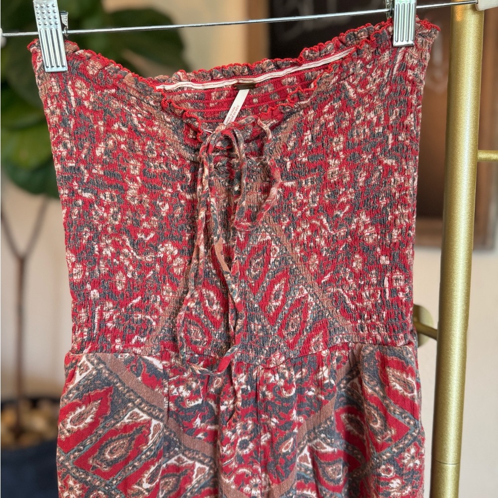 Free People Patterned Red Strapless Jumpsuit - image 2